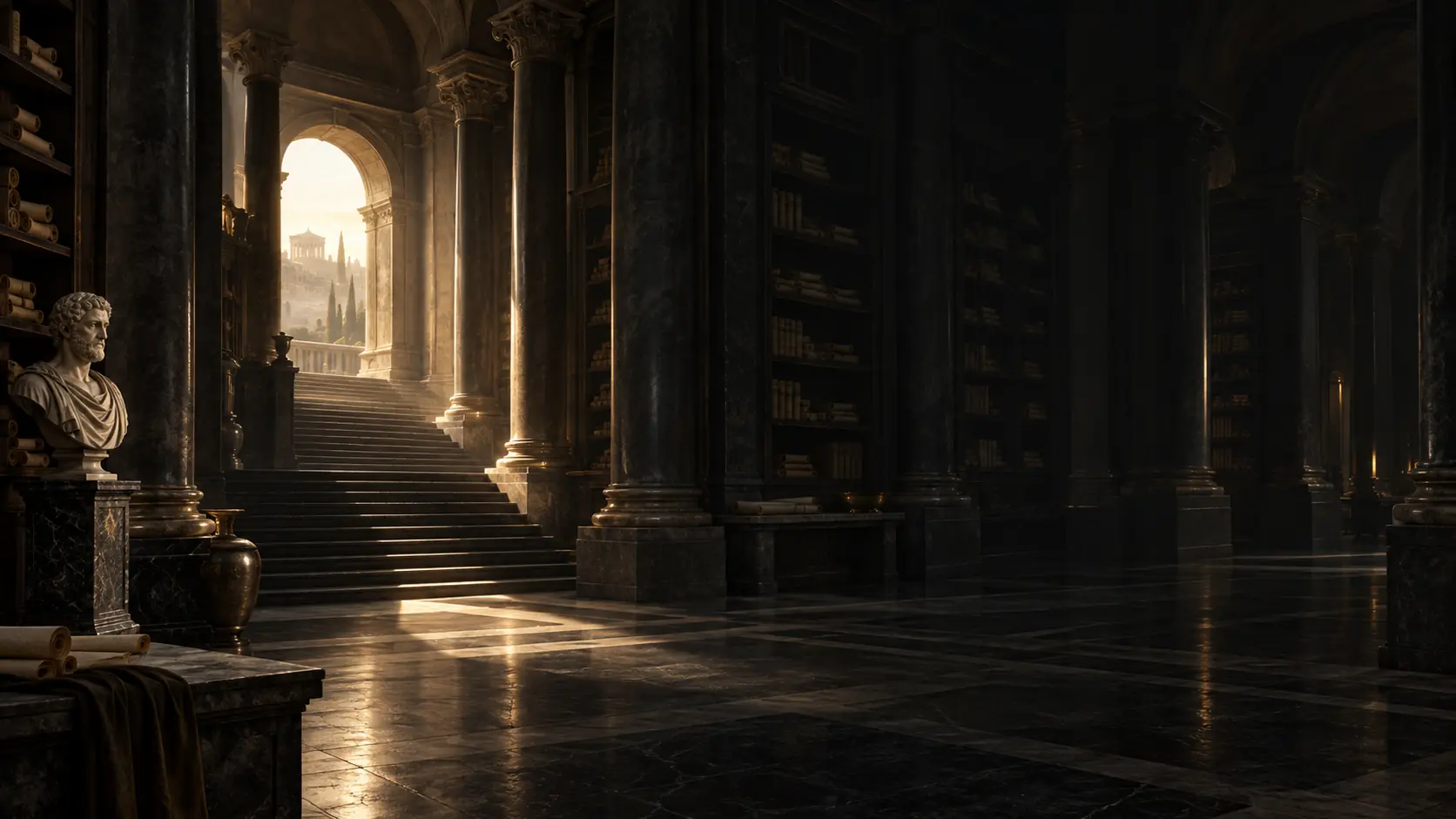Dark classical library illuminated by restrained golden light