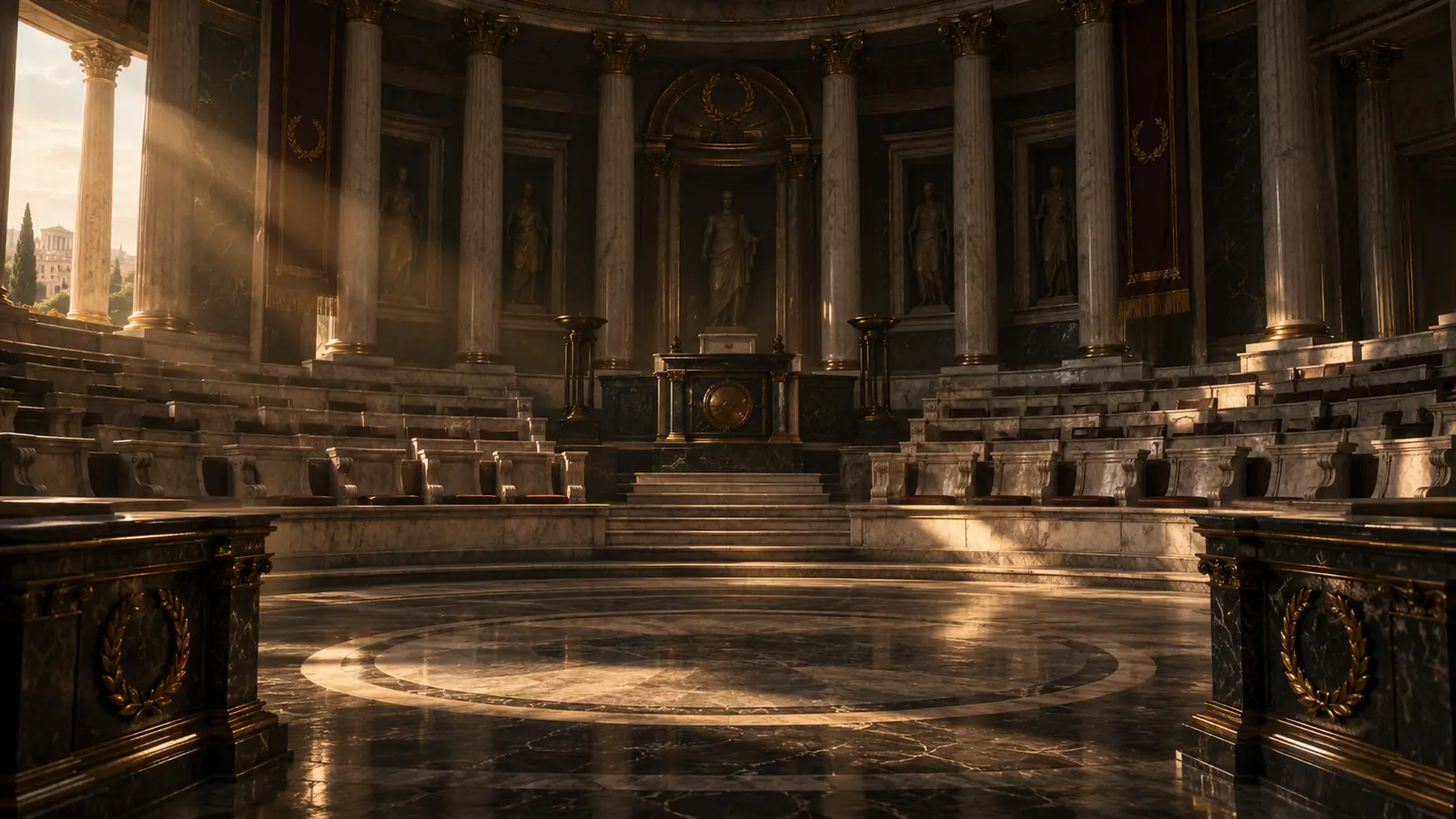 Roman senate chamber illuminated by warm golden light
