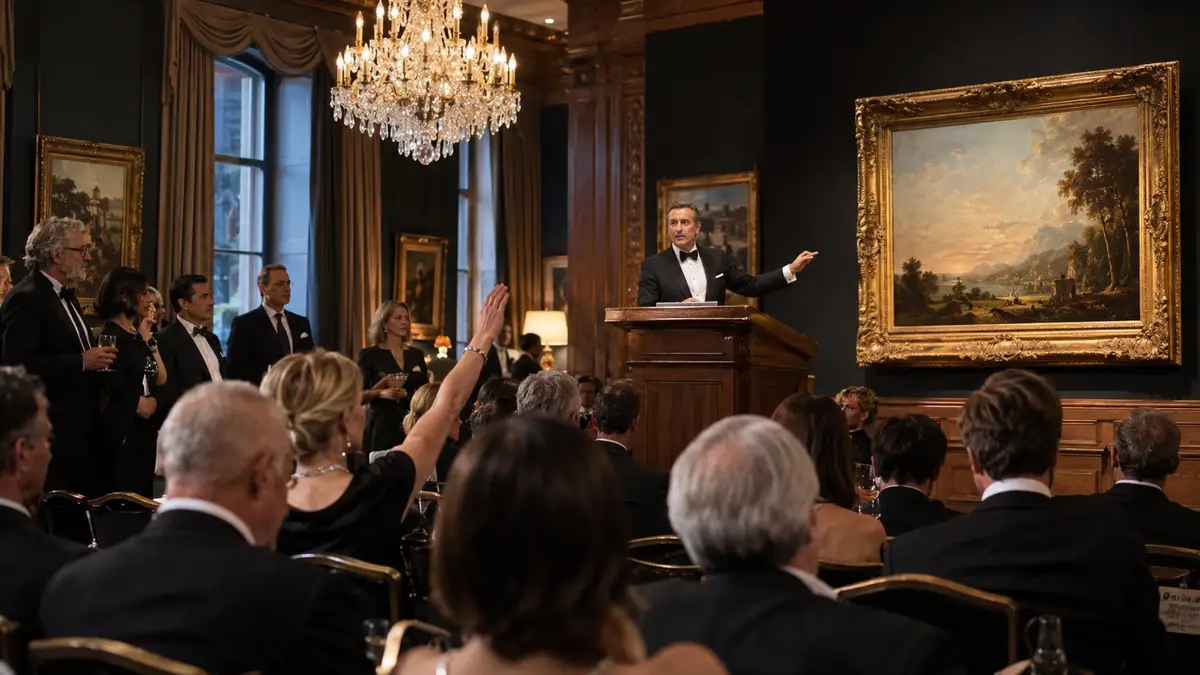Formal art auction with attention focused on one salient object