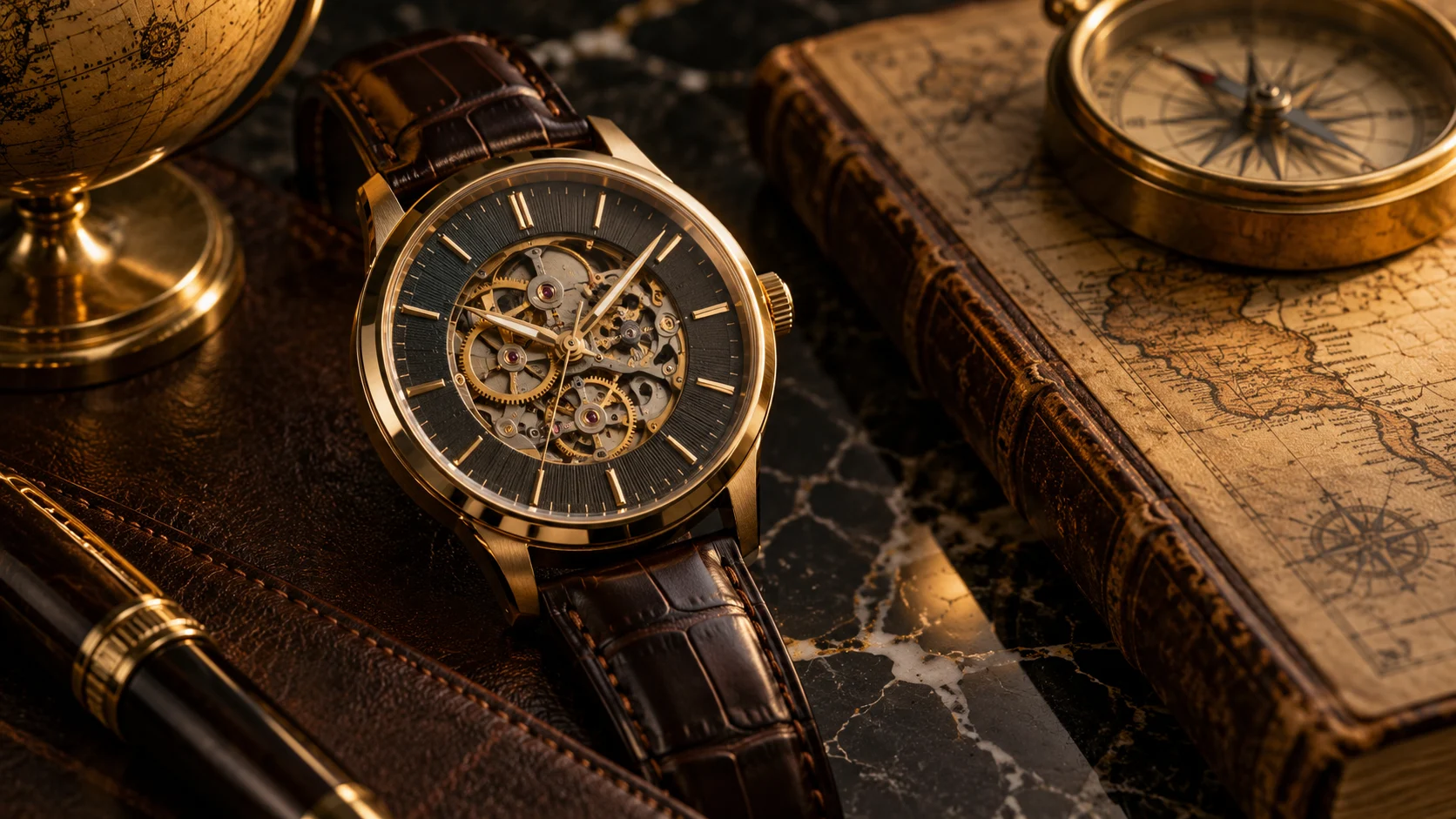 Mechanical watch with maps in an editorial setting