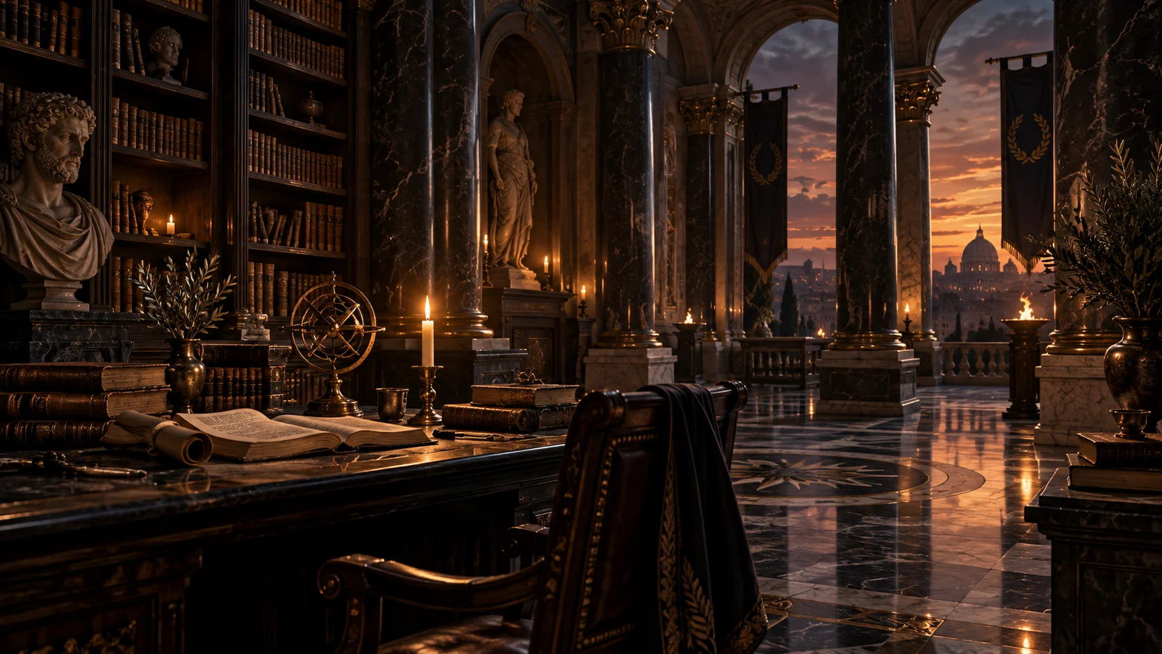 Roman-inspired library at sunset with books, sculpture, and framed art