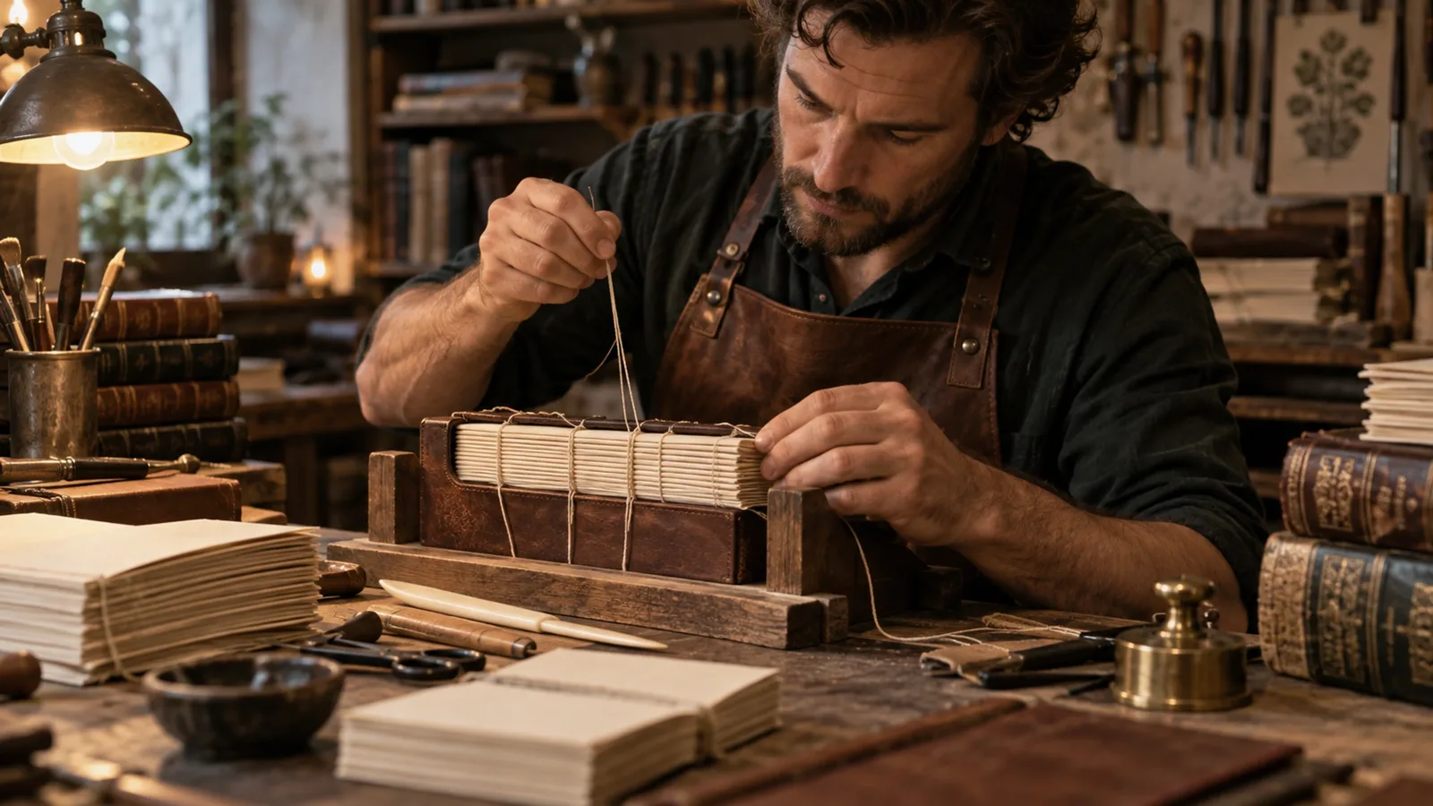 Bookbinder assembling a book by hand in a workshop