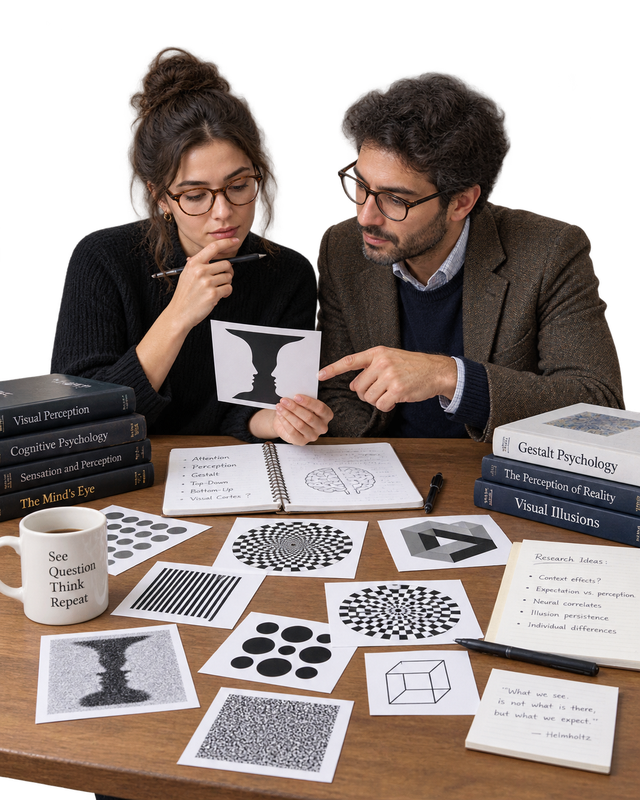 Transparent editorial cutout of researchers studying visual illusions and cognitive bias