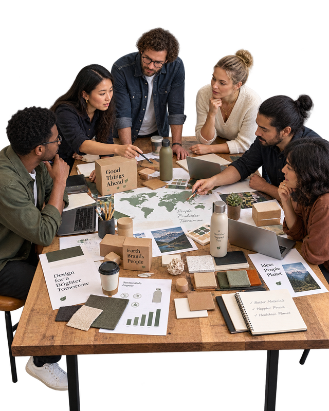 Transparent editorial cutout of a team reviewing products, maps, samples and market choices