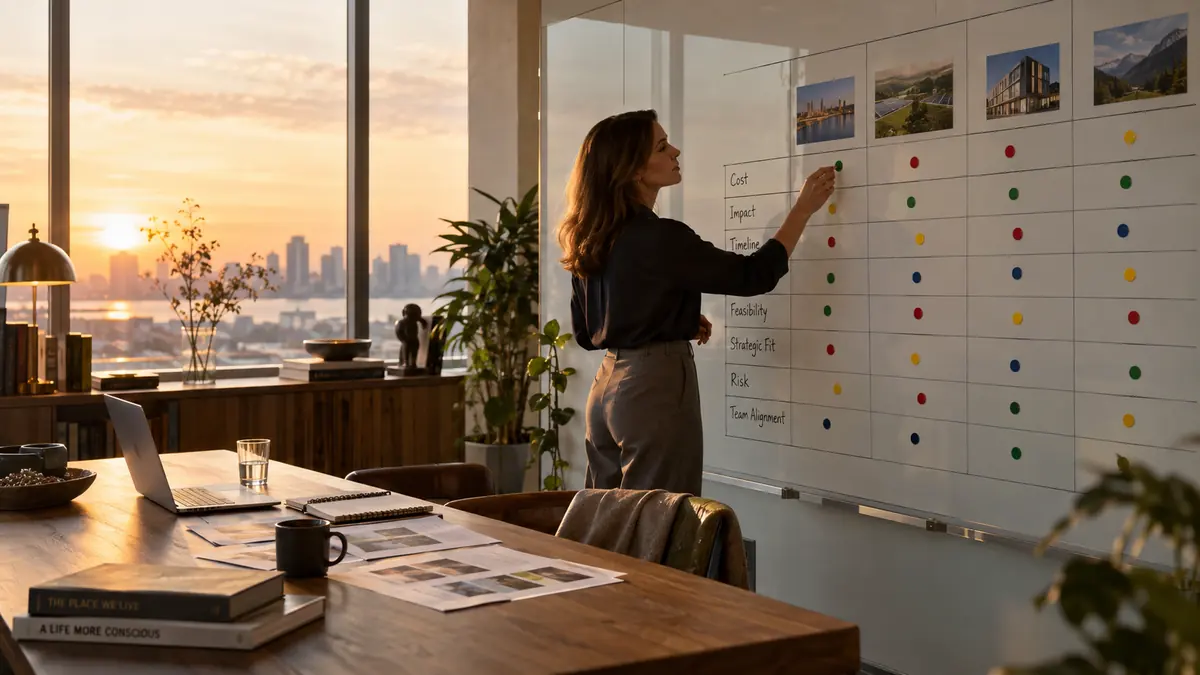 Decision matrix being evaluated with criteria and color-coded options