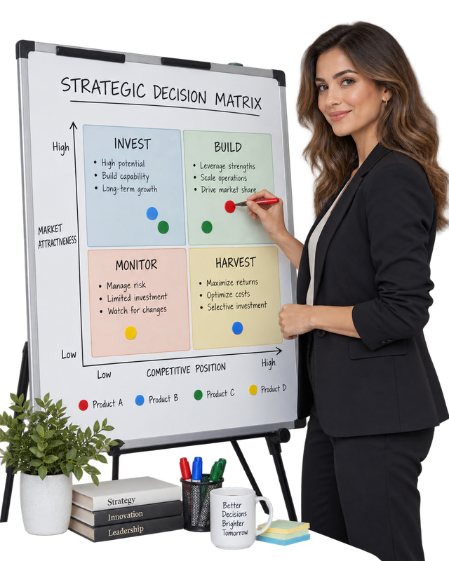 Transparent editorial cutout of a strategist using a decision matrix