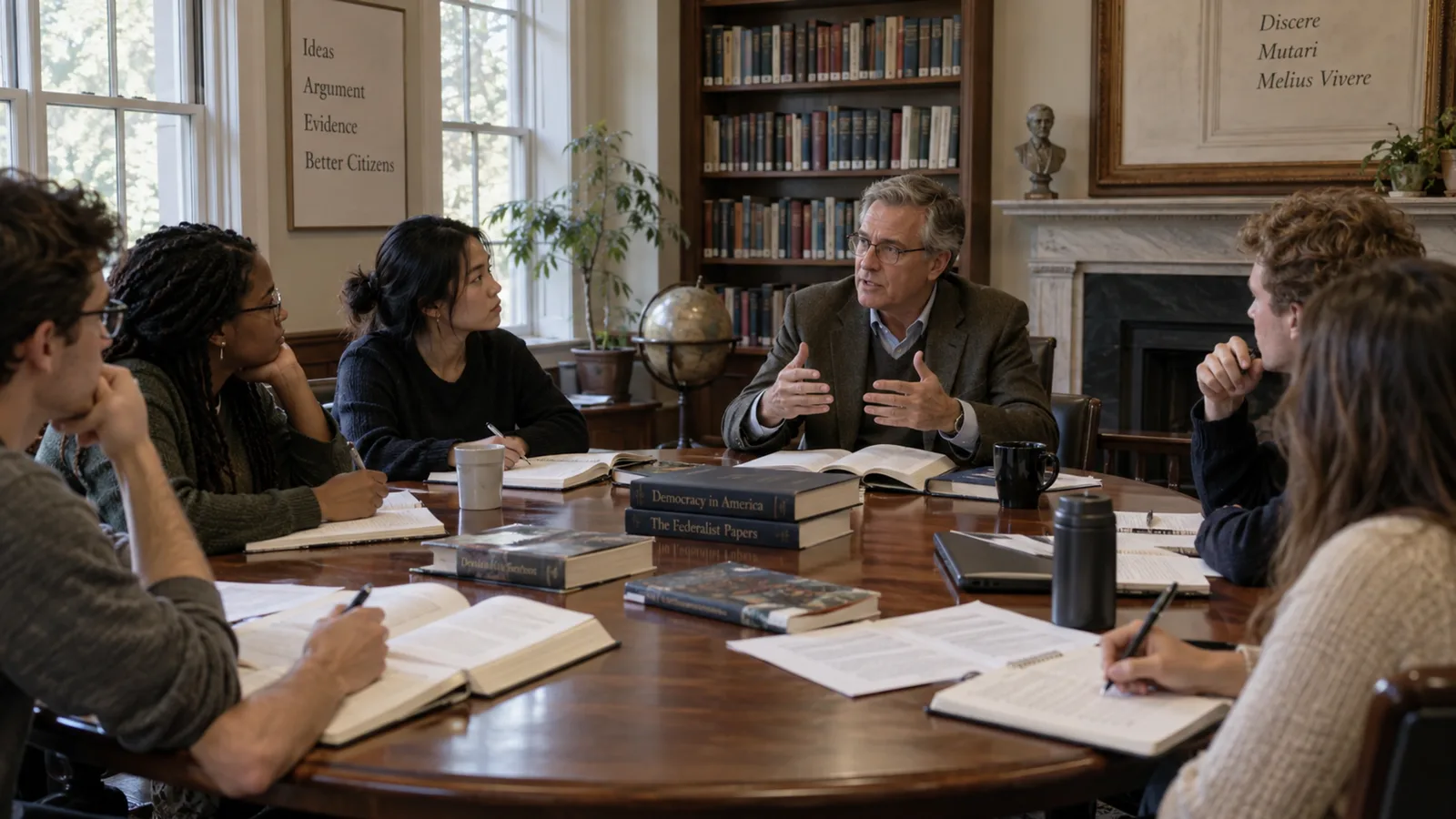 Academic seminar discussing ideas around a table