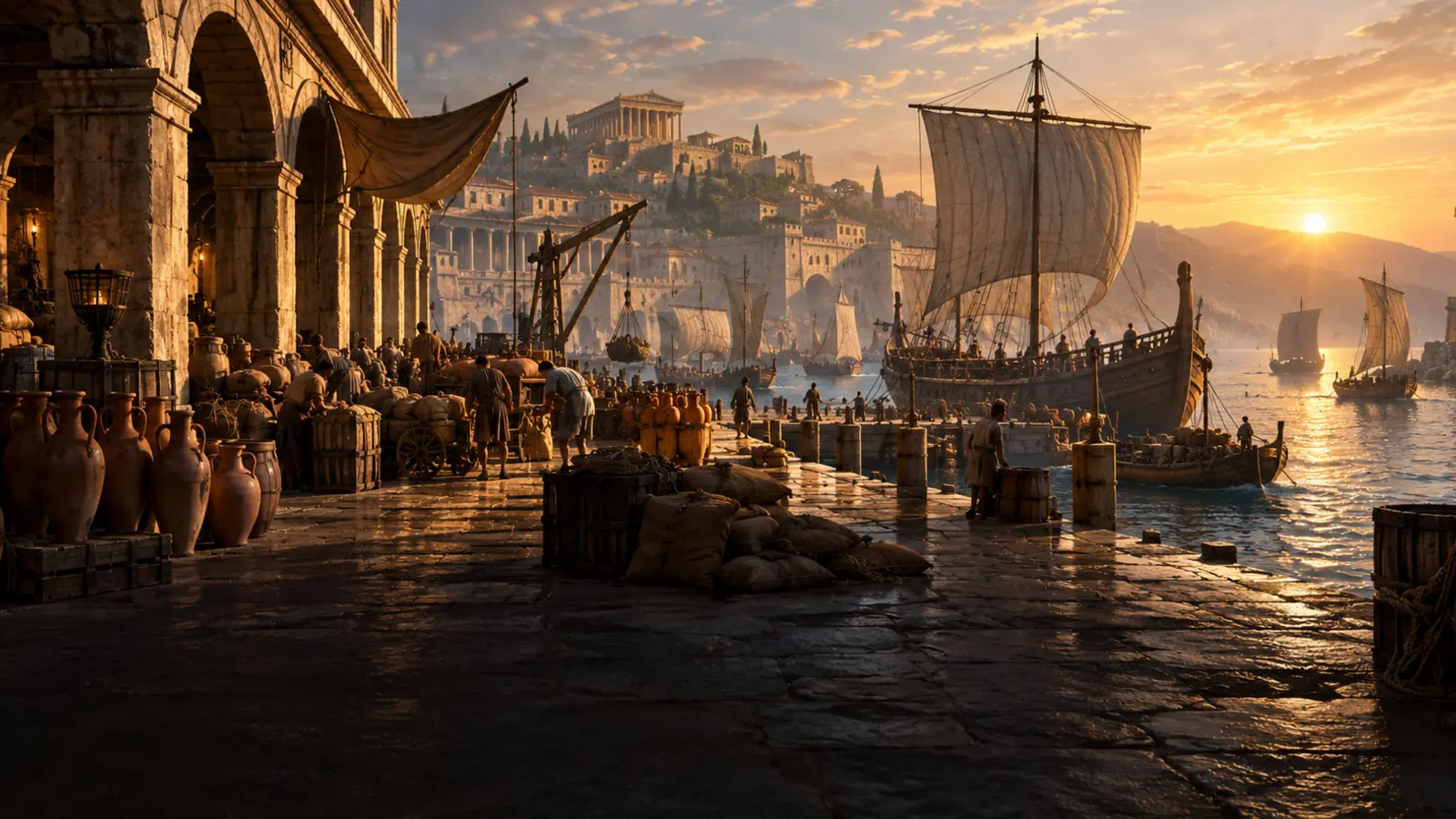 Porto comercial romano ao amanhecer