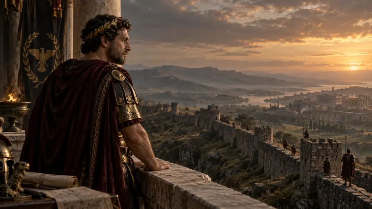 Roman emperor overlooking fortified frontiers and a vast imperial landscape at sunset