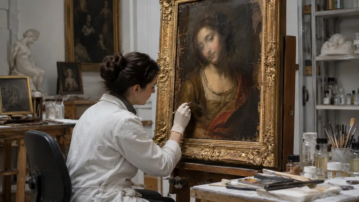 Conservator closely inspecting a classical portrait