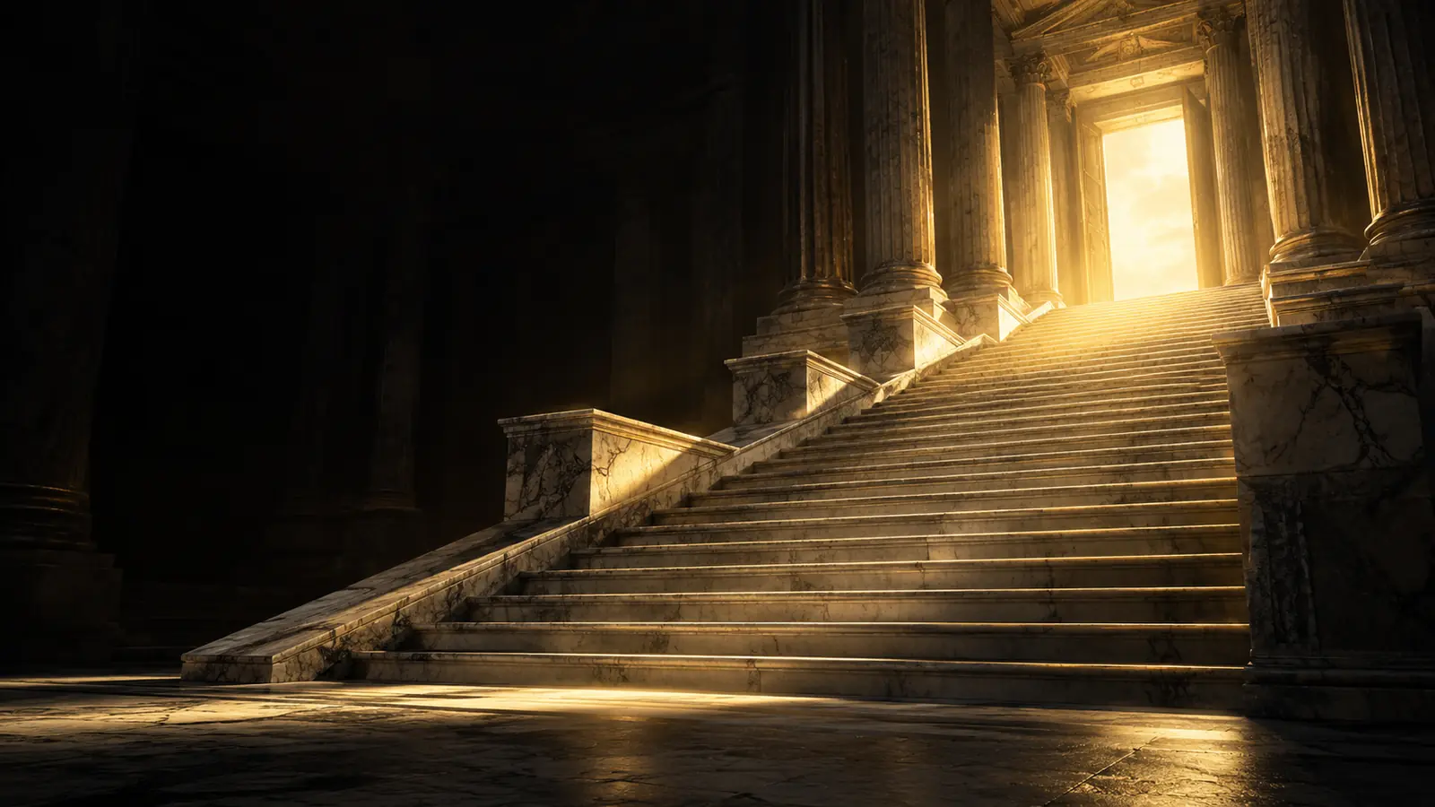 Escadaria romana subindo em direção à luz