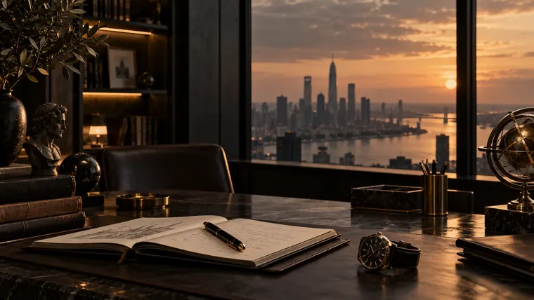 Executive study overlooking a city at sunset with journal, watch and capital-allocation symbolism