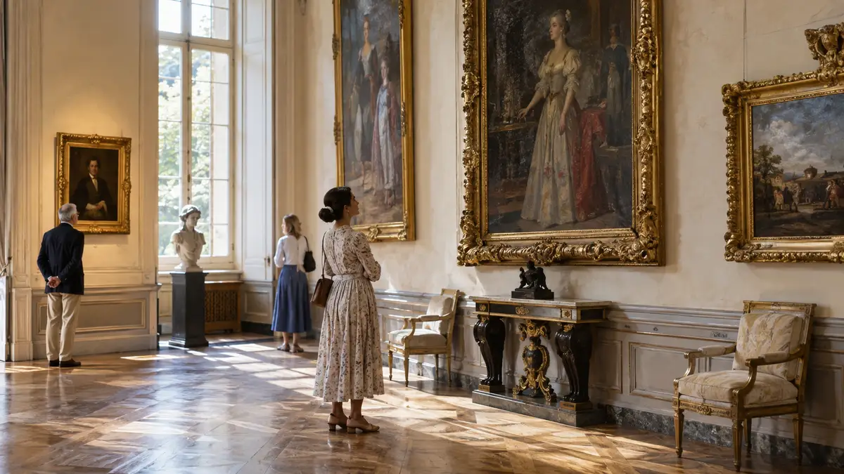 Visitors quietly observing art in a classical museum gallery