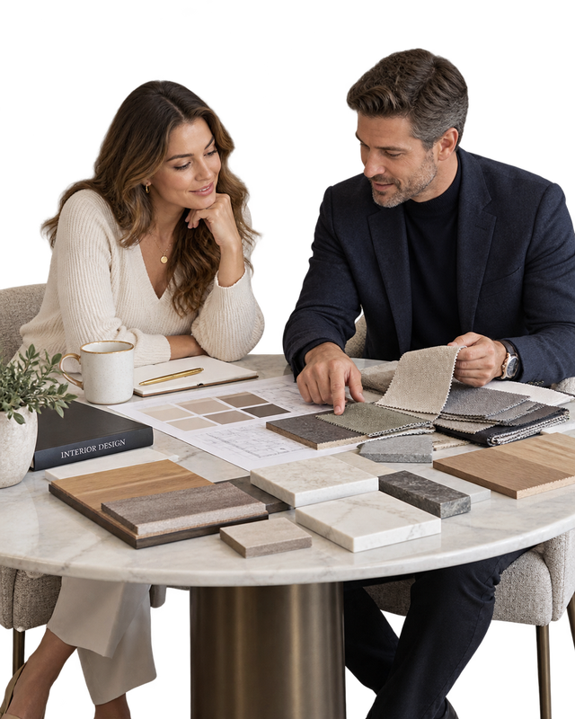 Transparent editorial cutout of a consultant and client reviewing options together