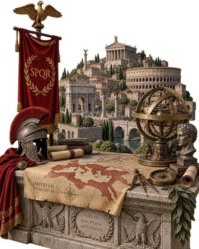 Transparent editorial diorama of Roman imperial territory, monuments and military symbols