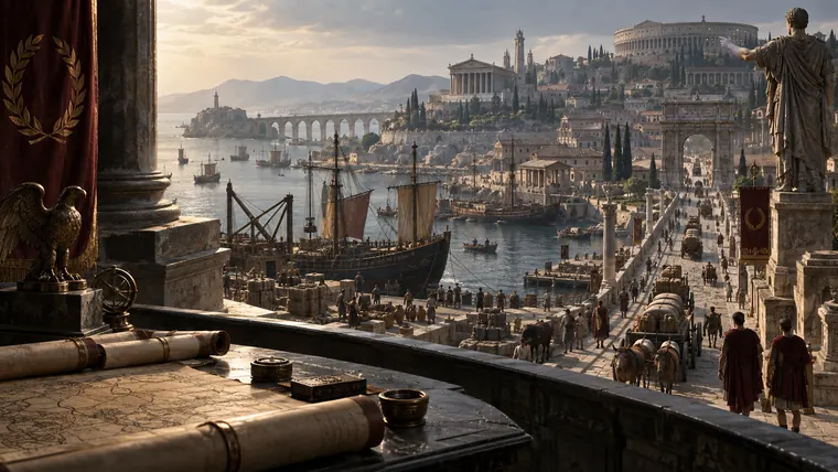 Busy Roman imperial port with ships, roads, warehouses and monumental city infrastructure