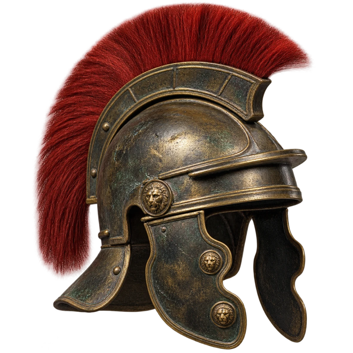 Transparent editorial illustration of a Roman-style bronze helmet