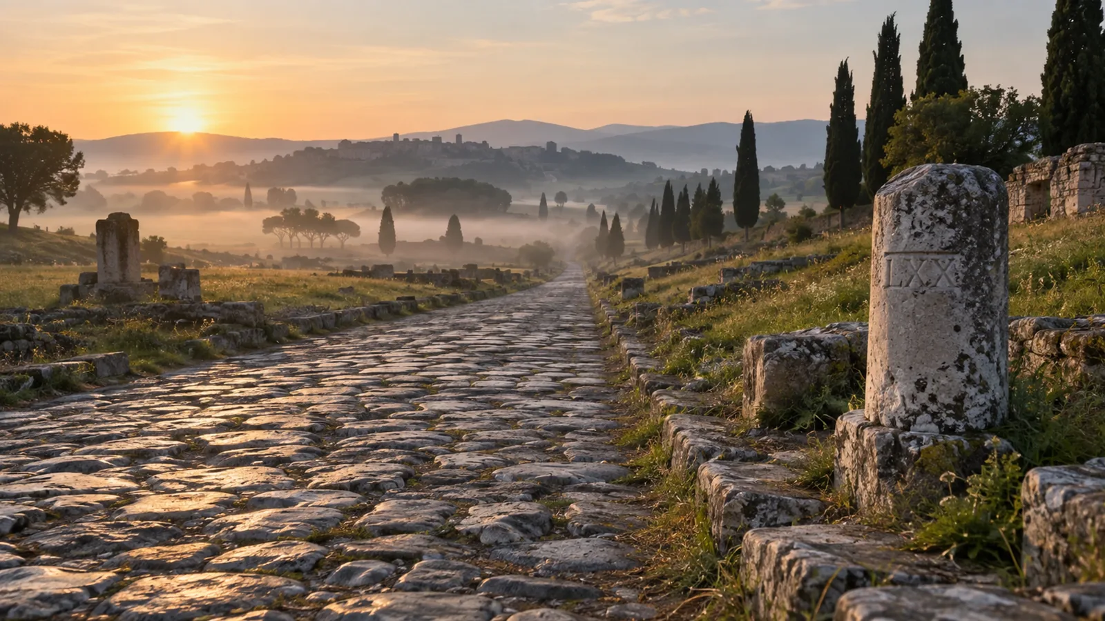 Editorial reconstruction of an ancient Roman road at dawn