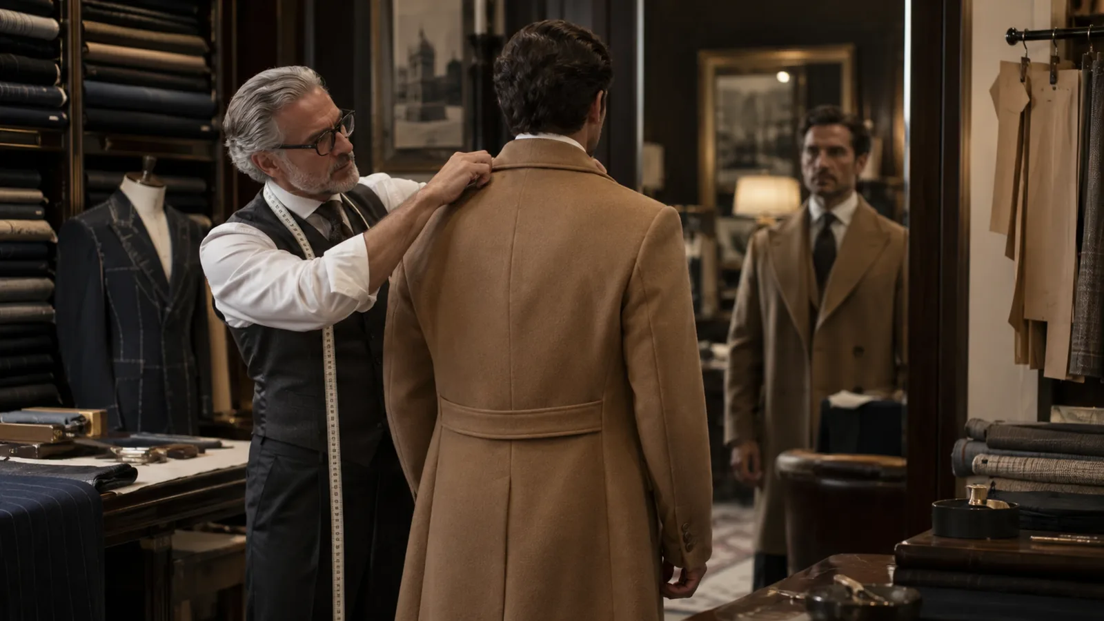 Bespoke tailor fitting a client in an atelier