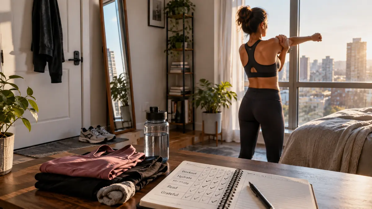 Morning fitness routine with habit tracker, water and prepared workout clothes