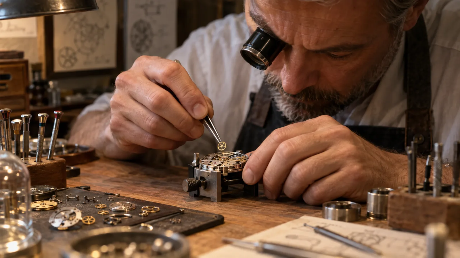Watchmaker performing precise repetitive work at a bench