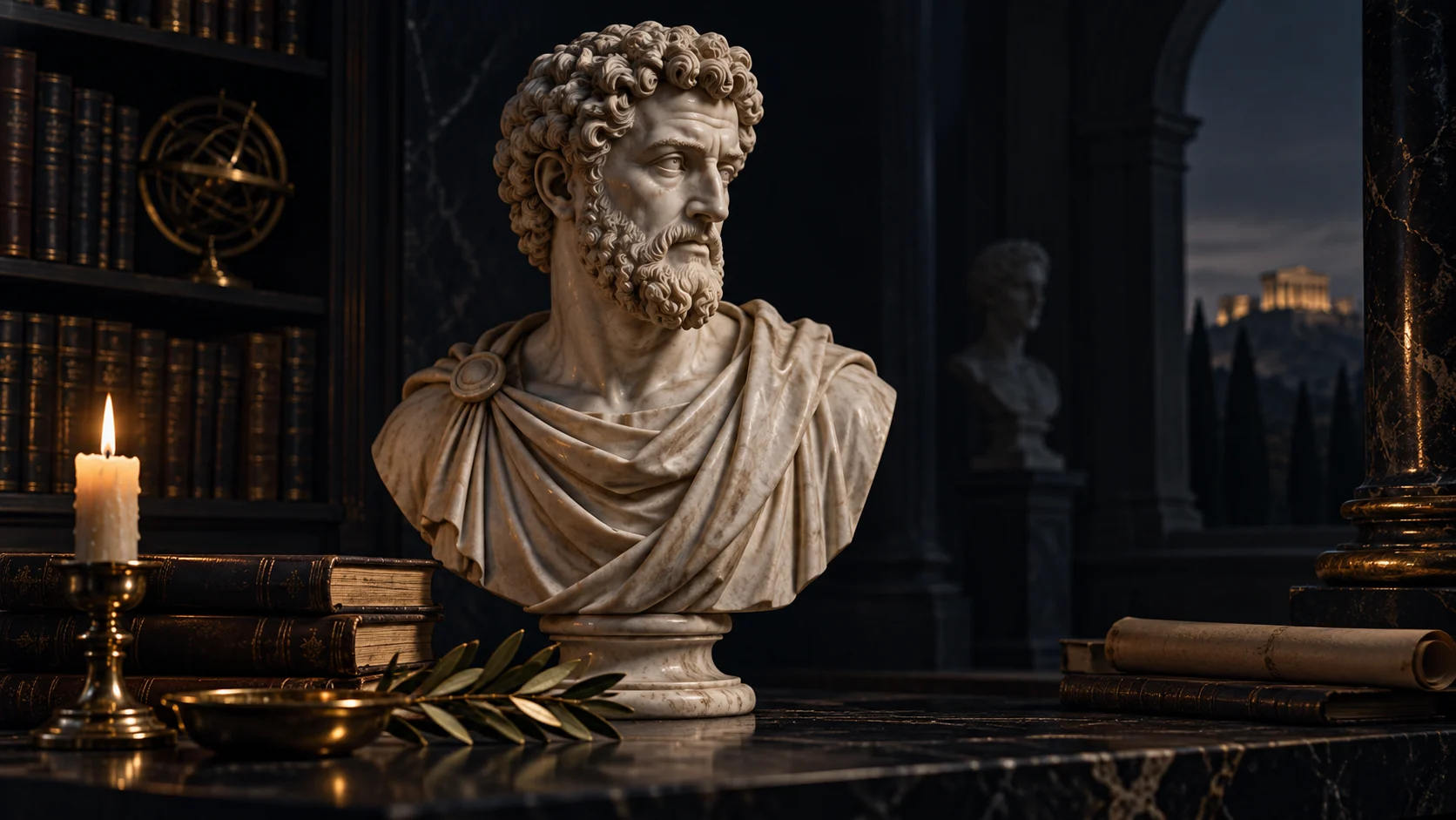 Classical Stoic bust in candlelight