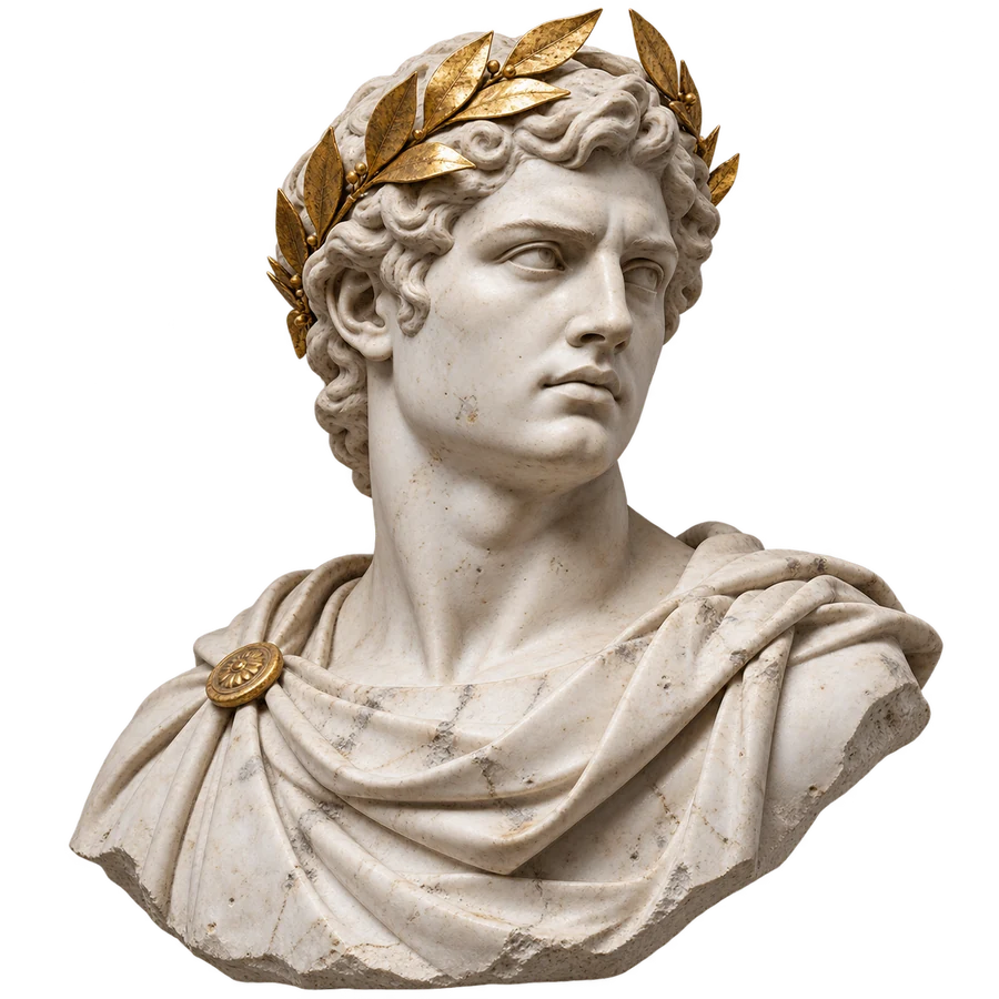 Classical marble bust with a gold laurel wreath representing prestige and recognition