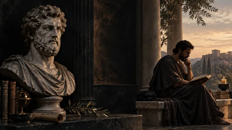 Classical Stoic bust beside a reader at sunset