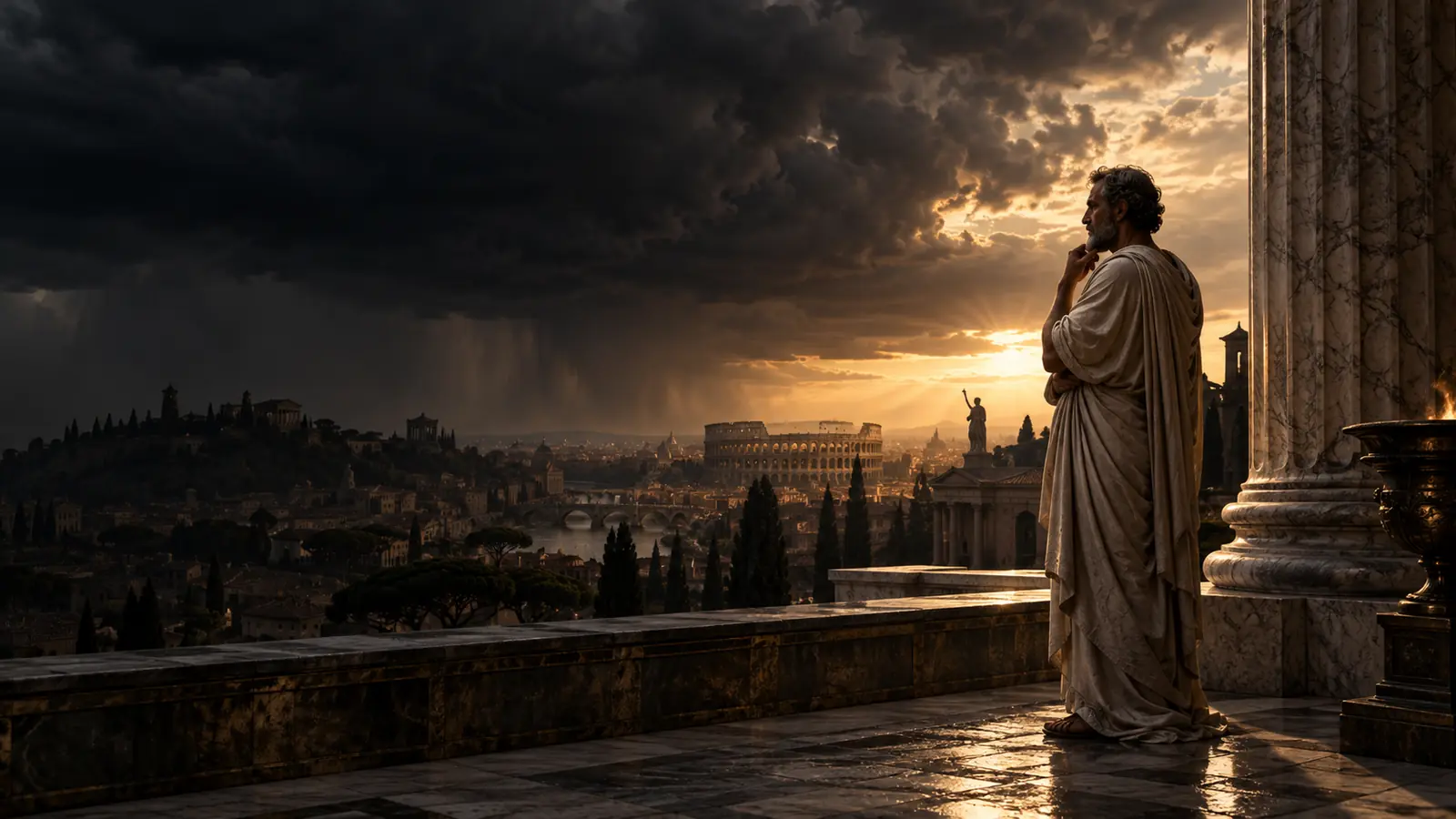 Filósofo estoico contempla Roma antes da tempestade