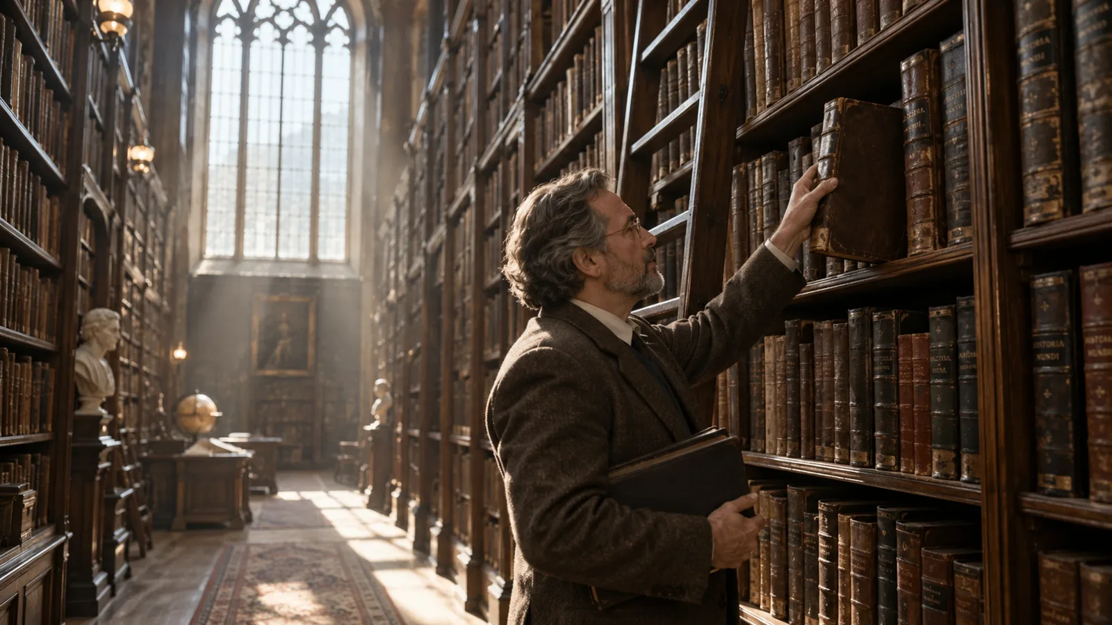 Historian reaching for an old volume in a grand library