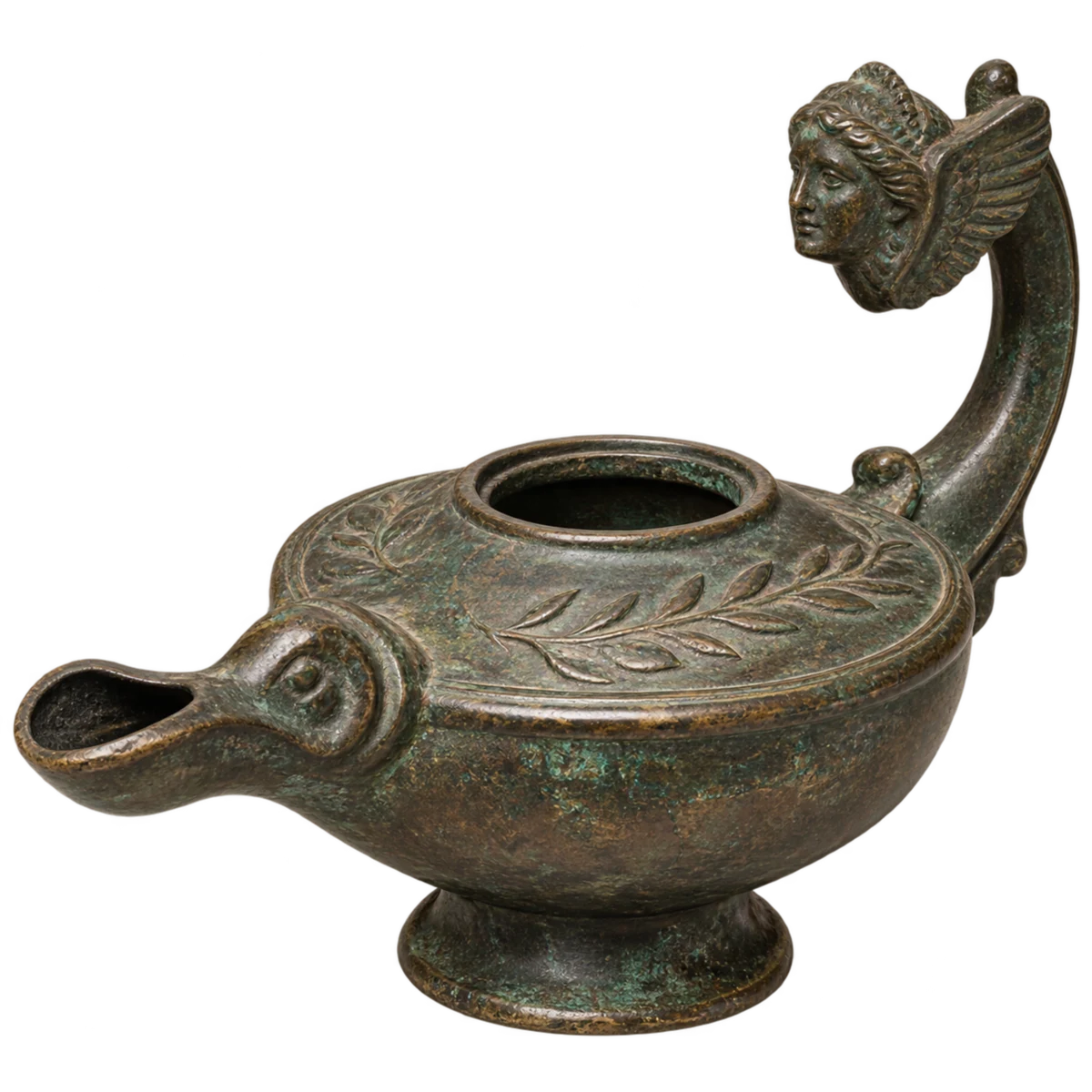 Transparent editorial illustration of an ancient Roman oil lamp