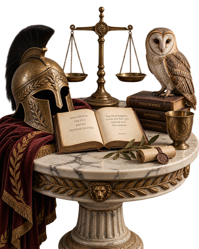 Transparent classical still life representing Stoic wisdom courage justice and temperance