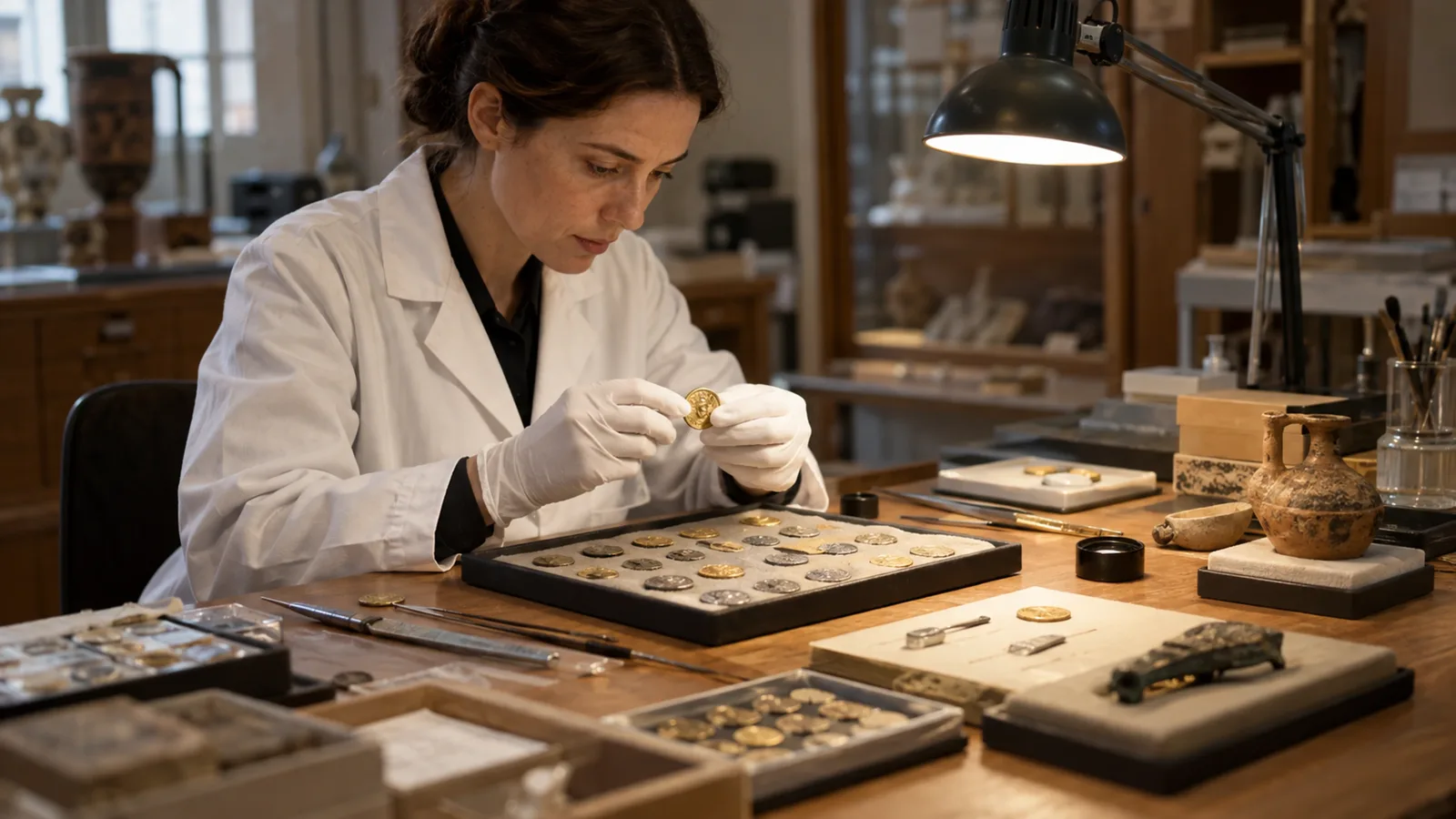 Conservator examining historical coins at a museum worktable