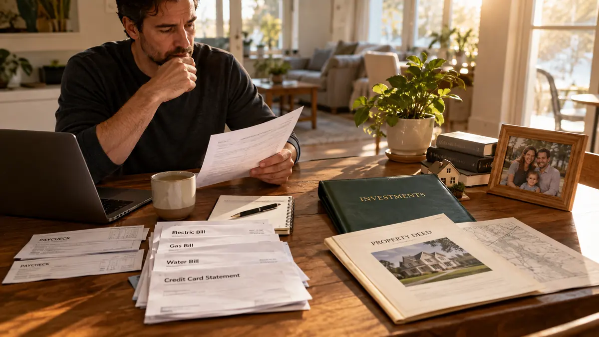 Household finance scene with bills, investments and property documents