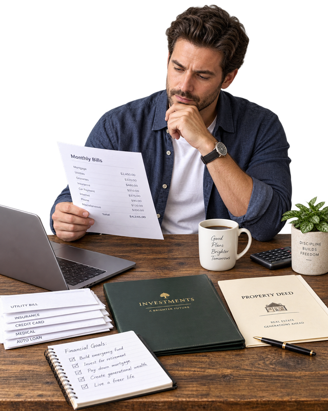 Transparent editorial cutout of a person reviewing bills and investment documents