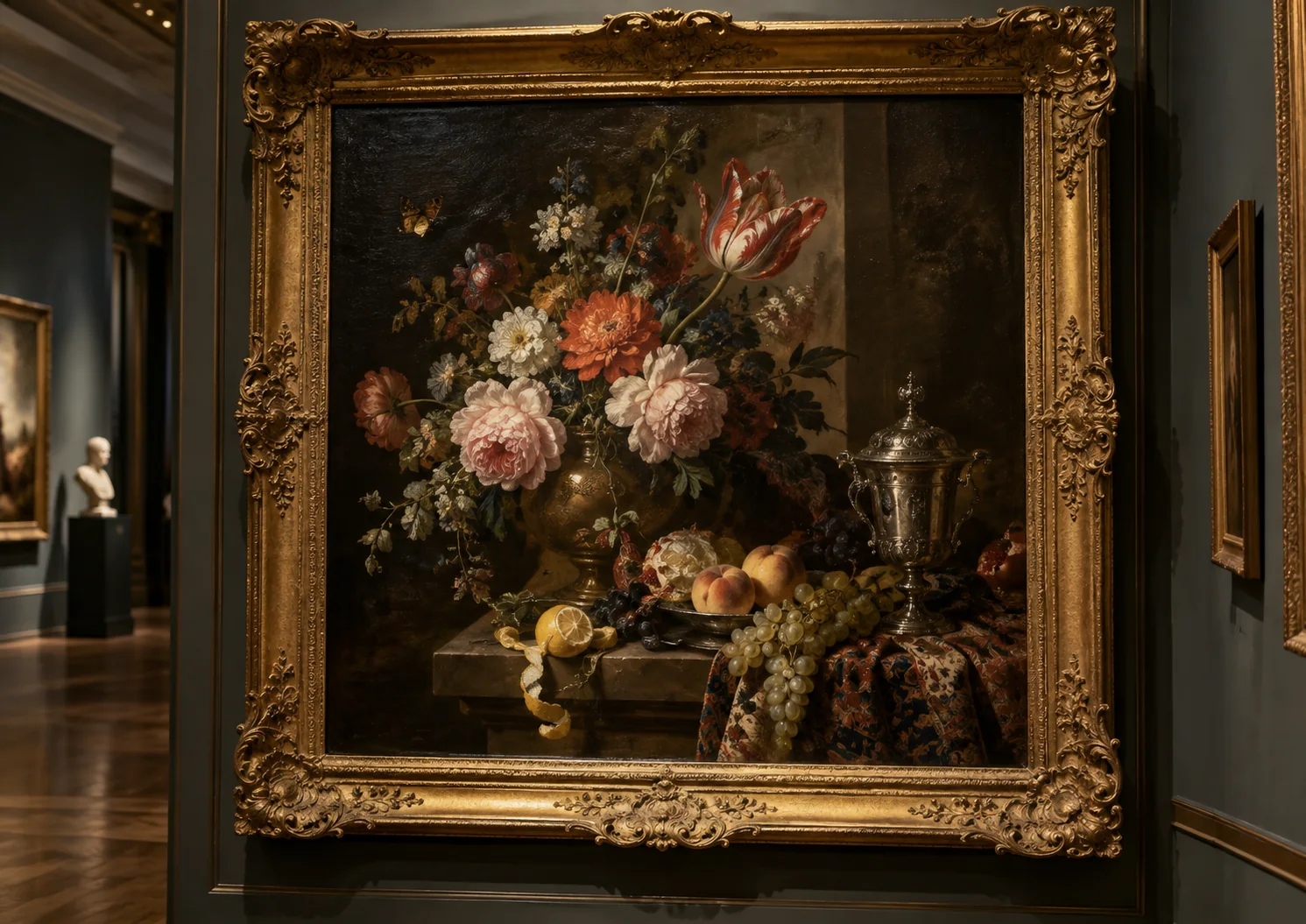 Baroque-style still life displayed in an ornate gold frame inside a museum gallery