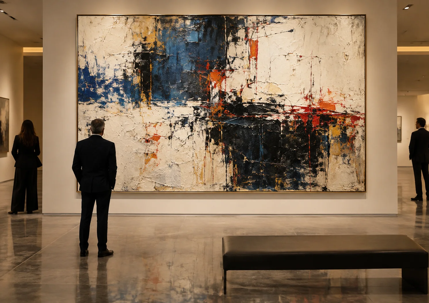 Collectors viewing a monumental contemporary abstract painting in a luxury gallery