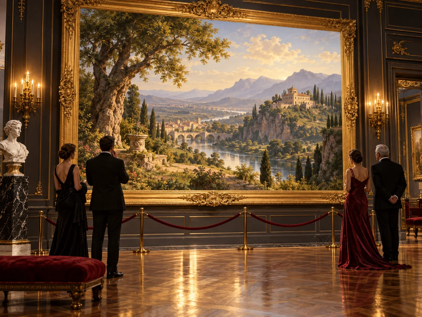 Italianate landscape masterpiece displayed in an opulent museum gallery
