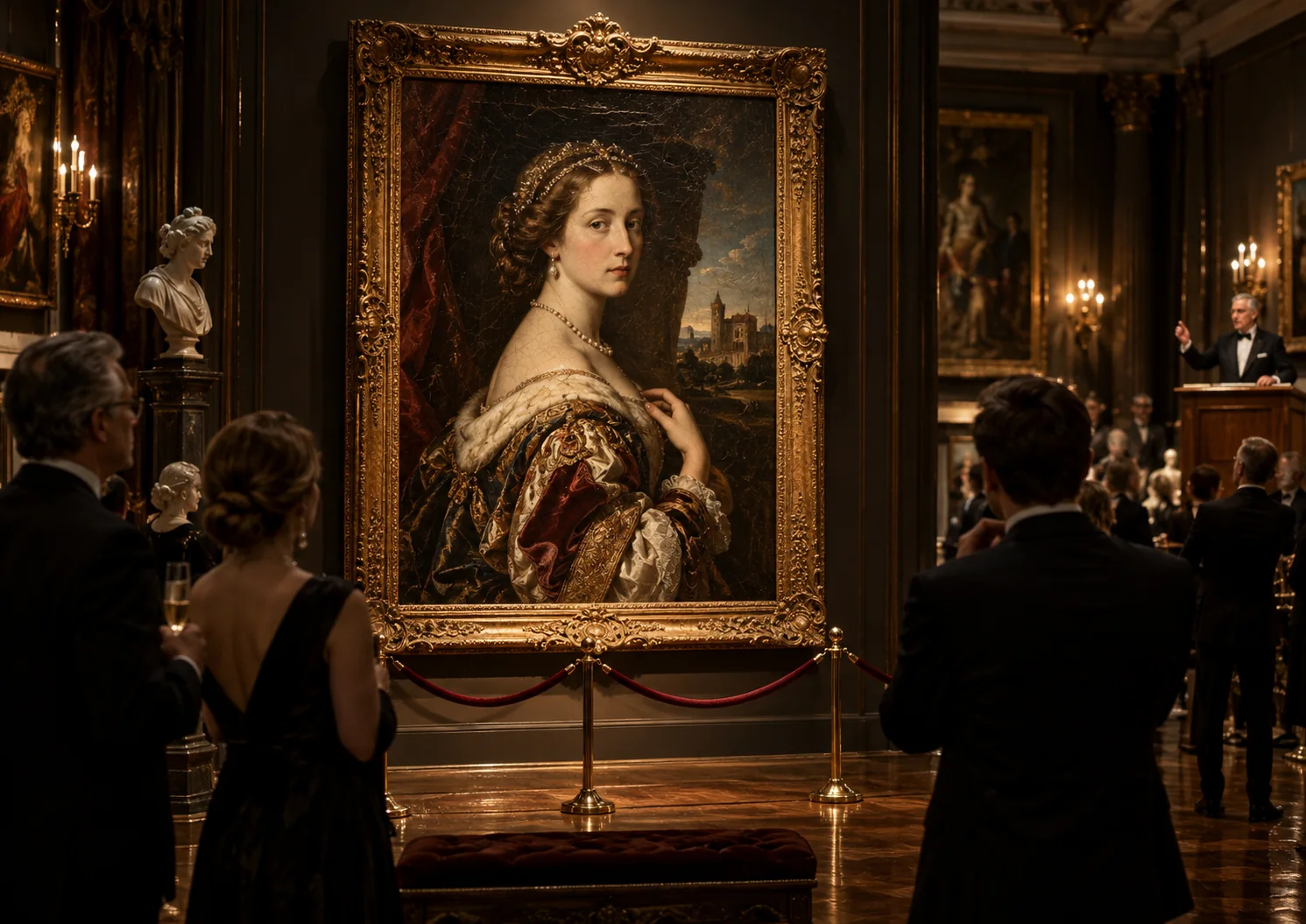 Luxury auction with an ornate Renaissance-style portrait and collectors