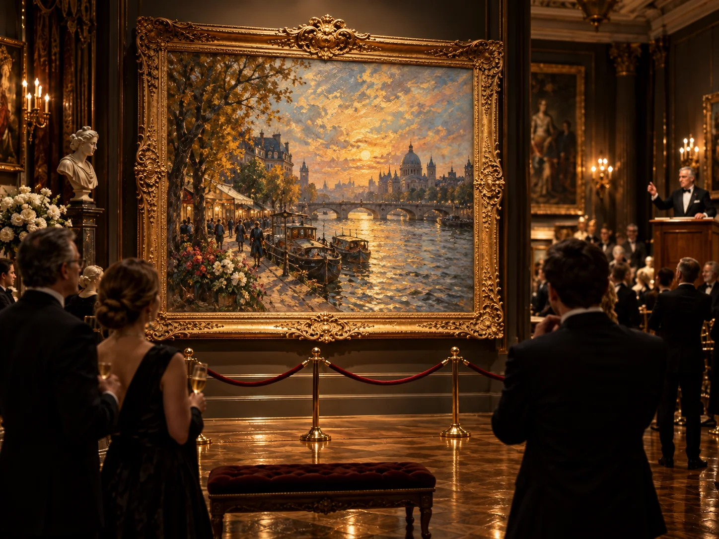 Luxury auction featuring a monumental European riverside cityscape painting