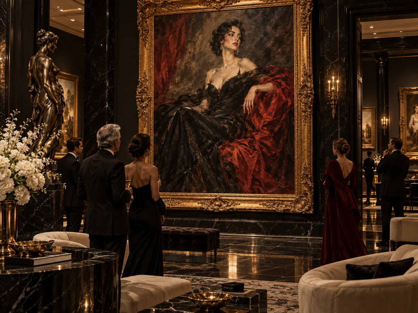 Luxury salon with a monumental black and red portrait painting