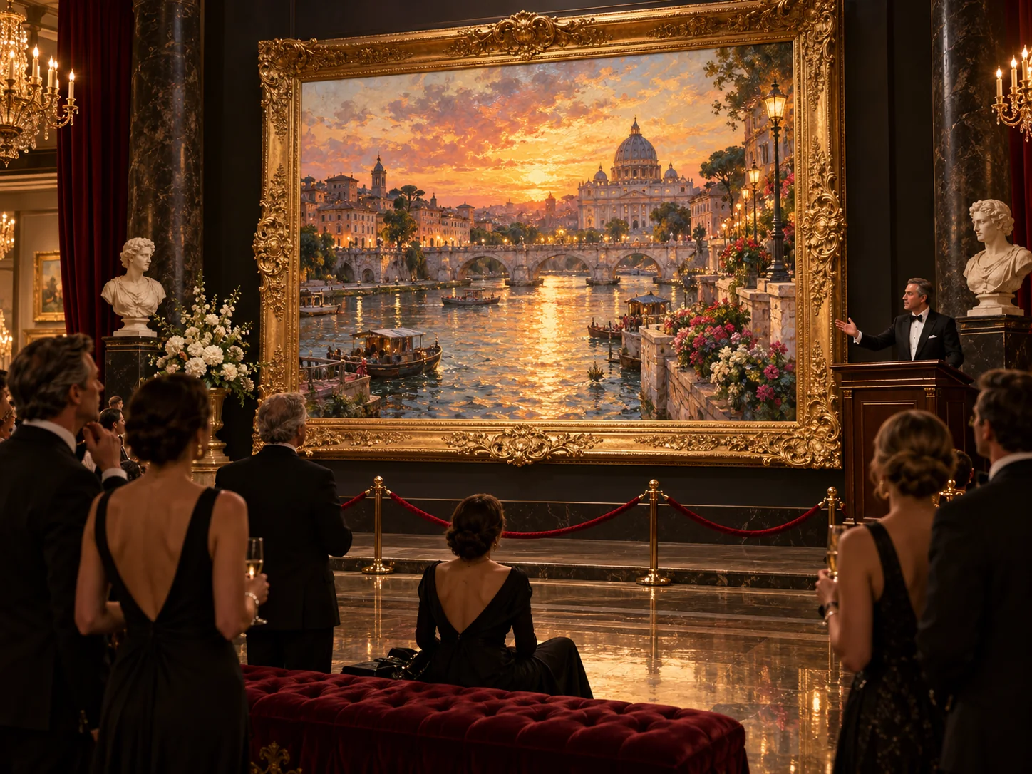 Auction audience facing a monumental riverside city painting at sunset