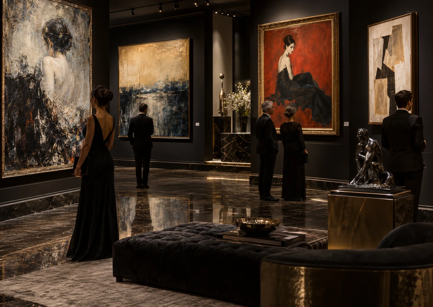 Private collector gallery filled with high-value paintings and formal guests