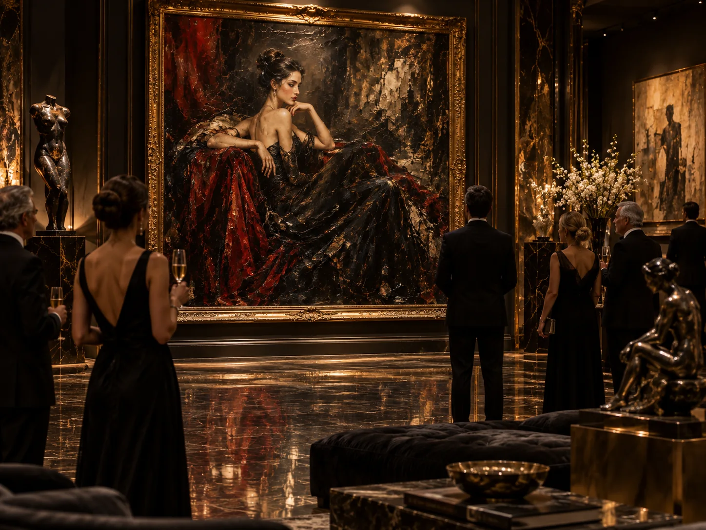 Private gallery with a monumental black and crimson portrait painting