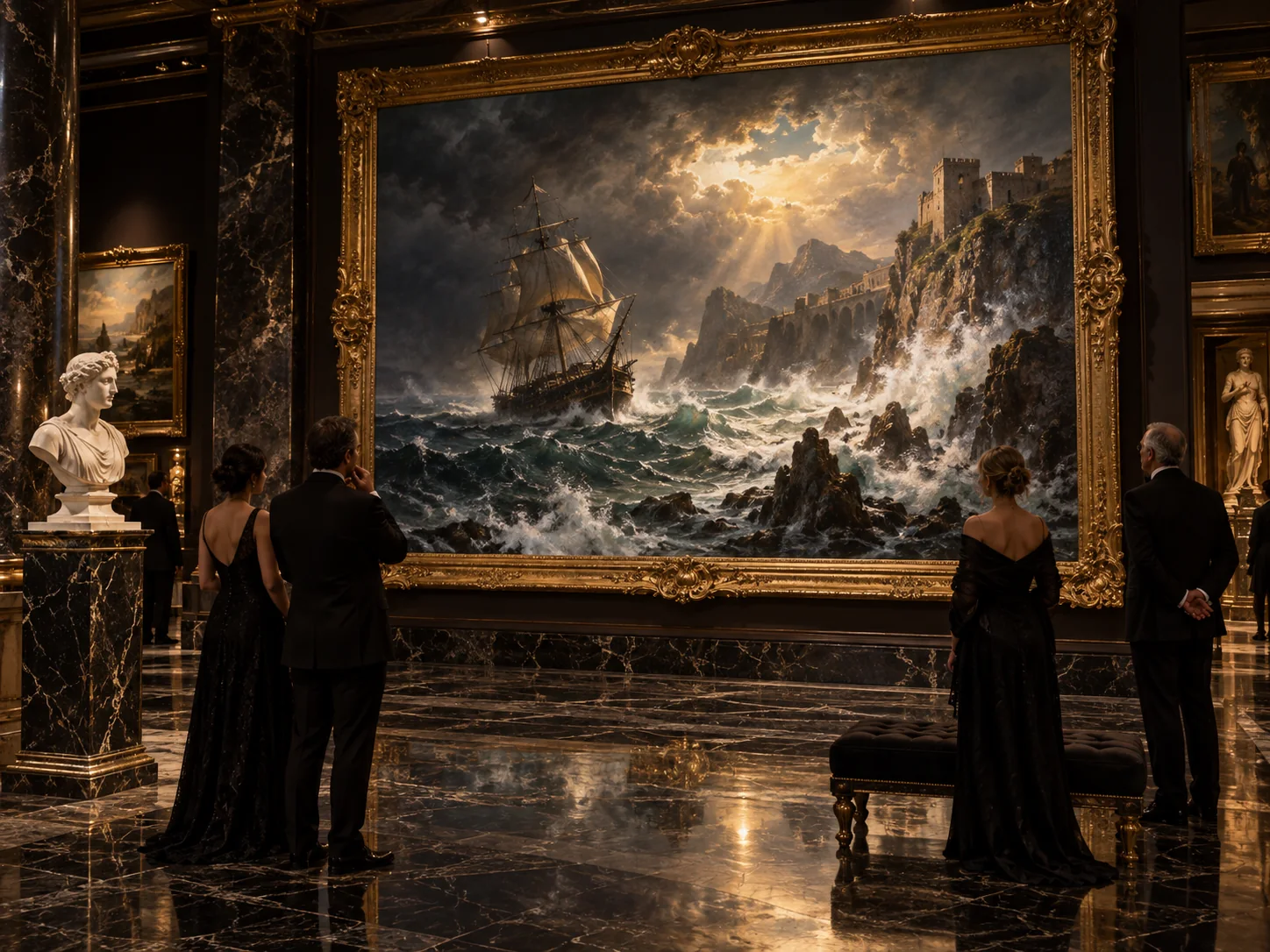Dramatic storm seascape painting displayed in an opulent gallery